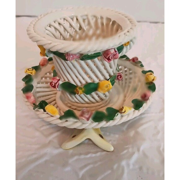 Vtg Italian Porcelain Basket Weave Candle Holder Capodinonte Style Hand Painted - Picture 1 of 9